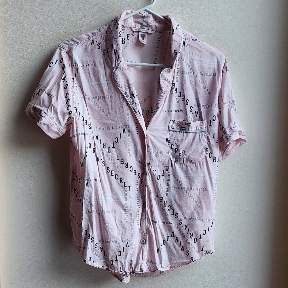 Victoria's Secret Pink/Black Cotton Blend Button Down Pajama Shirt Size Small